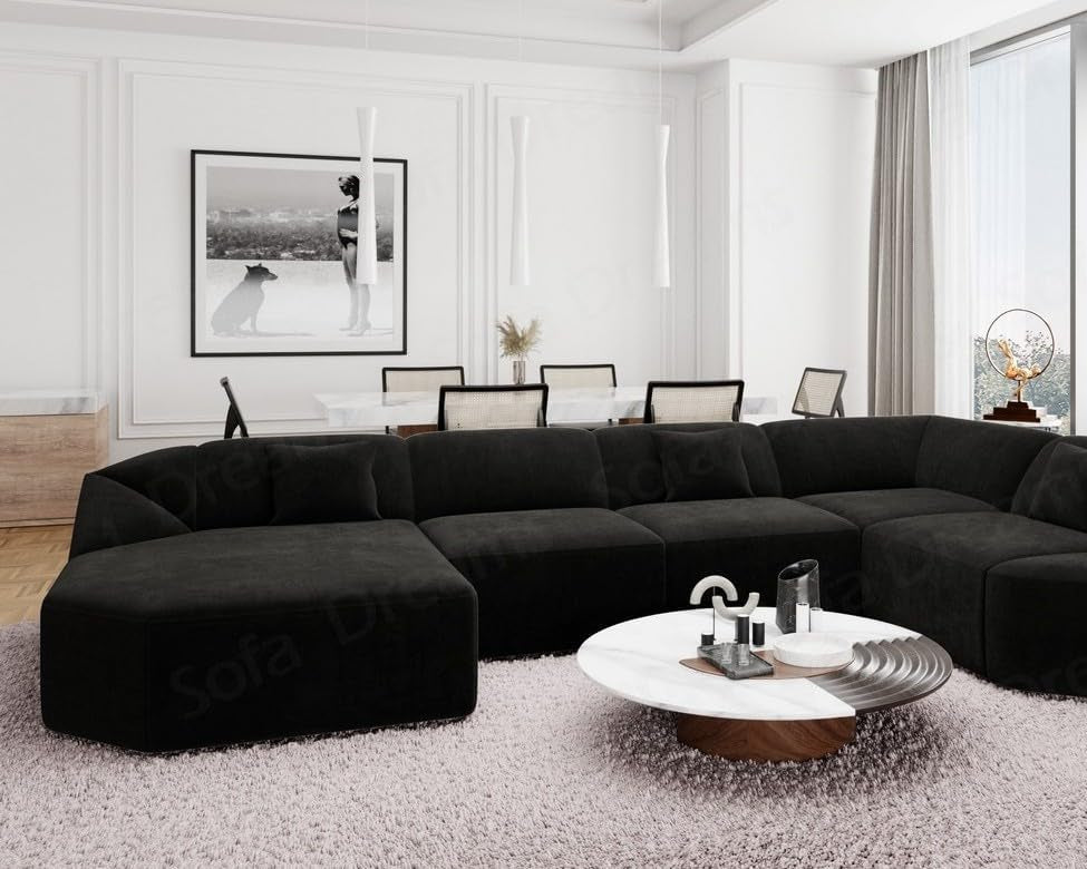 Wohnlandschaft Cabrera U-Shape Fabric Sofa in Velvet Designer Sofa Sun Velvet (Green, Ottoman Left)