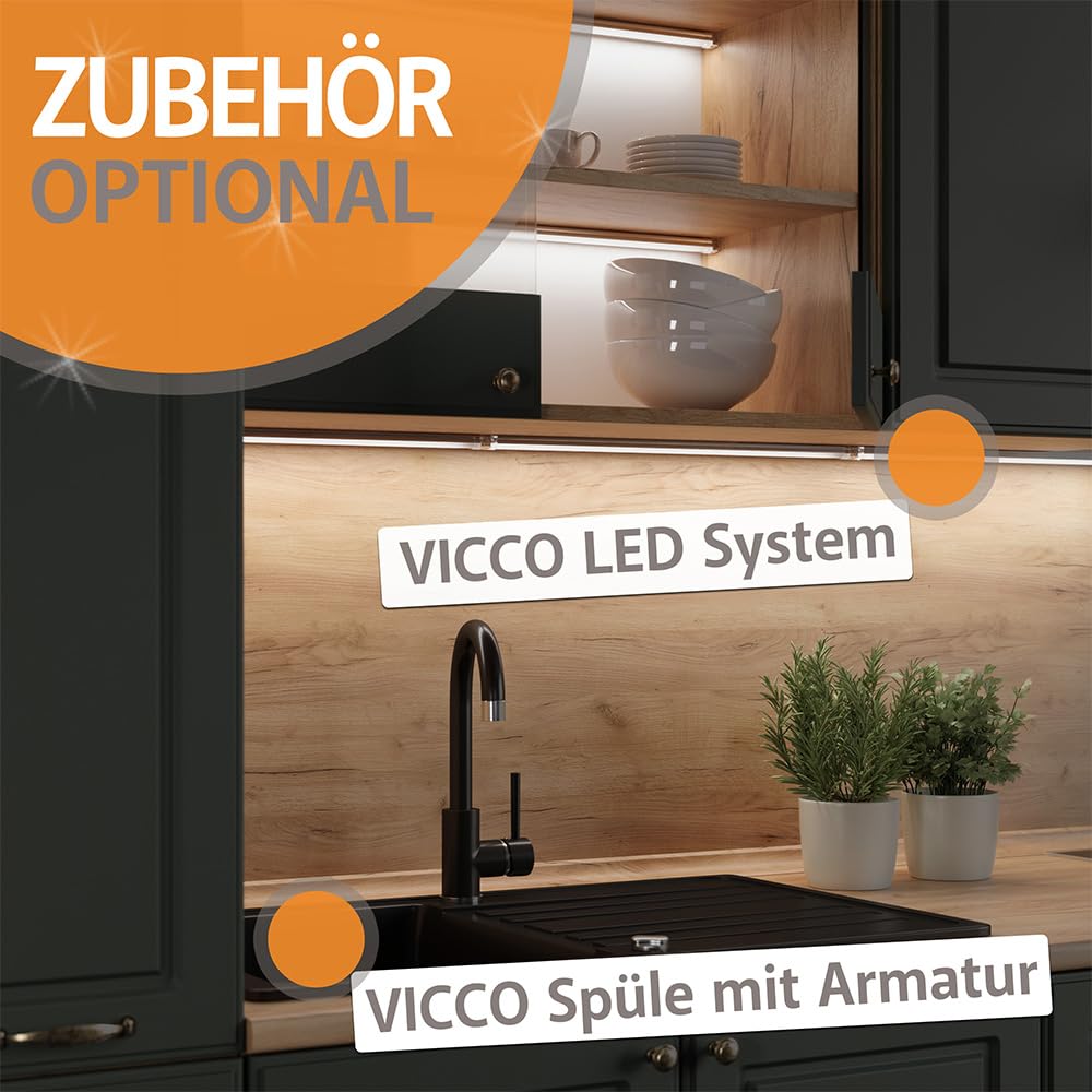 Vicco Küchenzeile Fame-Line, Anthrazit Hochglanz/Goldkraft Eiche, 300 cm mit Hochschrank, ohne Arbeitsplatte