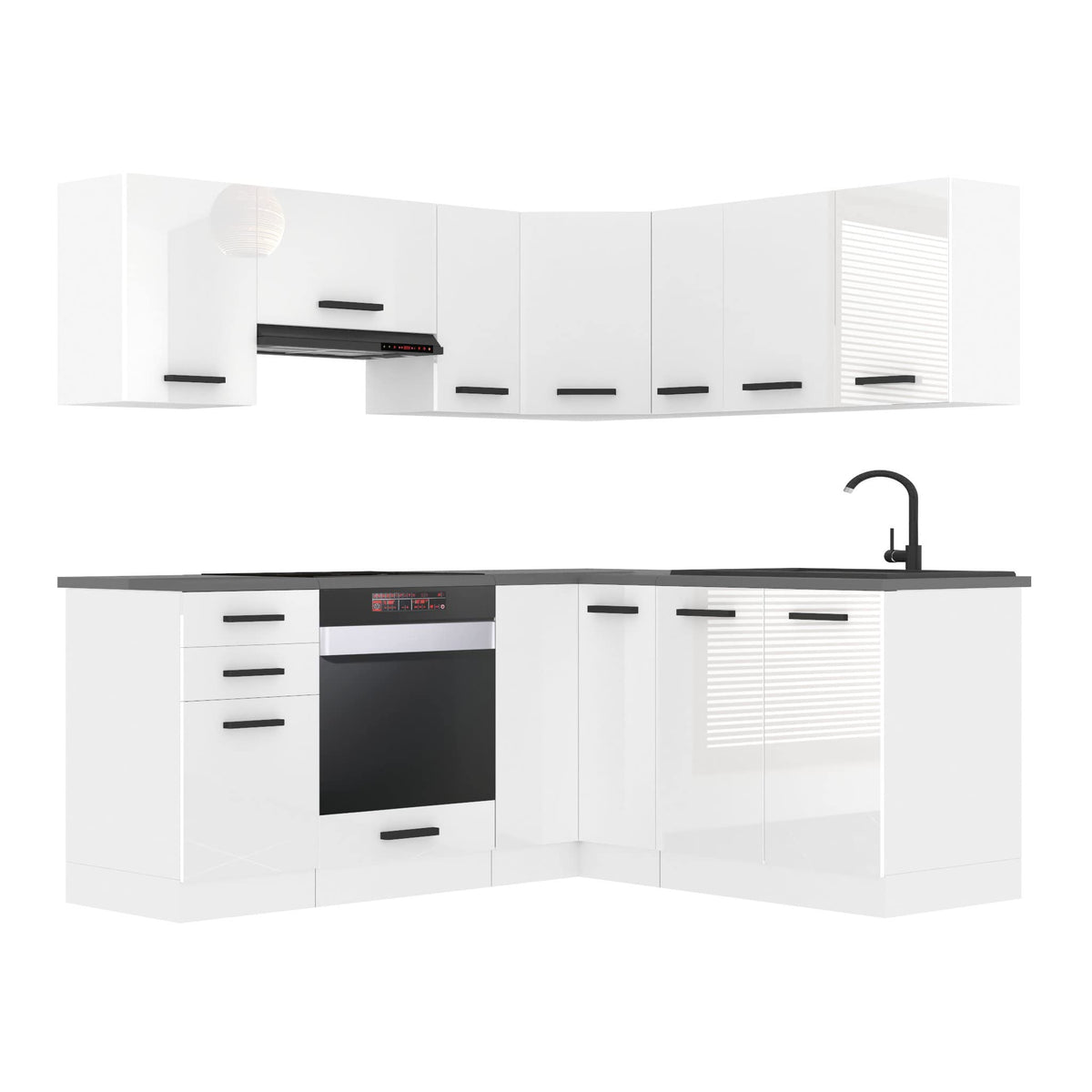 Belini Sarah L-Shape Kitchen Unit, Kitchen Furniture with Handles, Built-in Kitchen without Electrical Appliances, with Wall Cabinets and Base Cabinets, without Worktops, White High Gloss