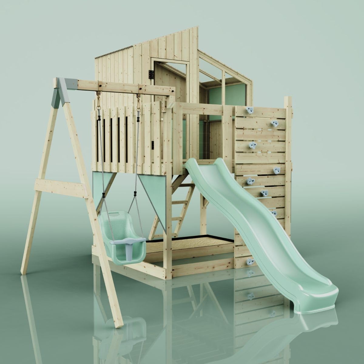 Rebo Spielturm mit Spielhaus inkl. Wellenrutsche und Kinder-Schaukel | Outdoor Klettergerüst Garten | Kletterwand und Kletterleiter | Stabile Konstruktion, Weiches Gefühl in den Seilen