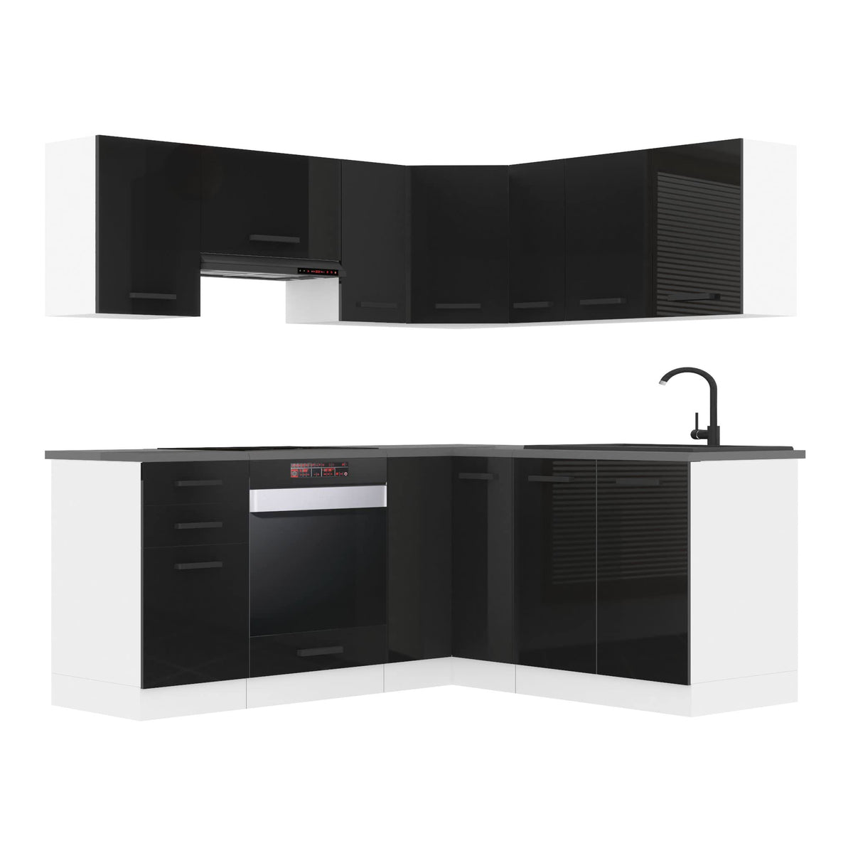 Belini Sarah L-Shape Kitchen Unit, Kitchen Furniture with Handles, Built-in Kitchen without Electrical Appliances, with Wall Cabinets and Base Cabinets, without Worktops, White High Gloss