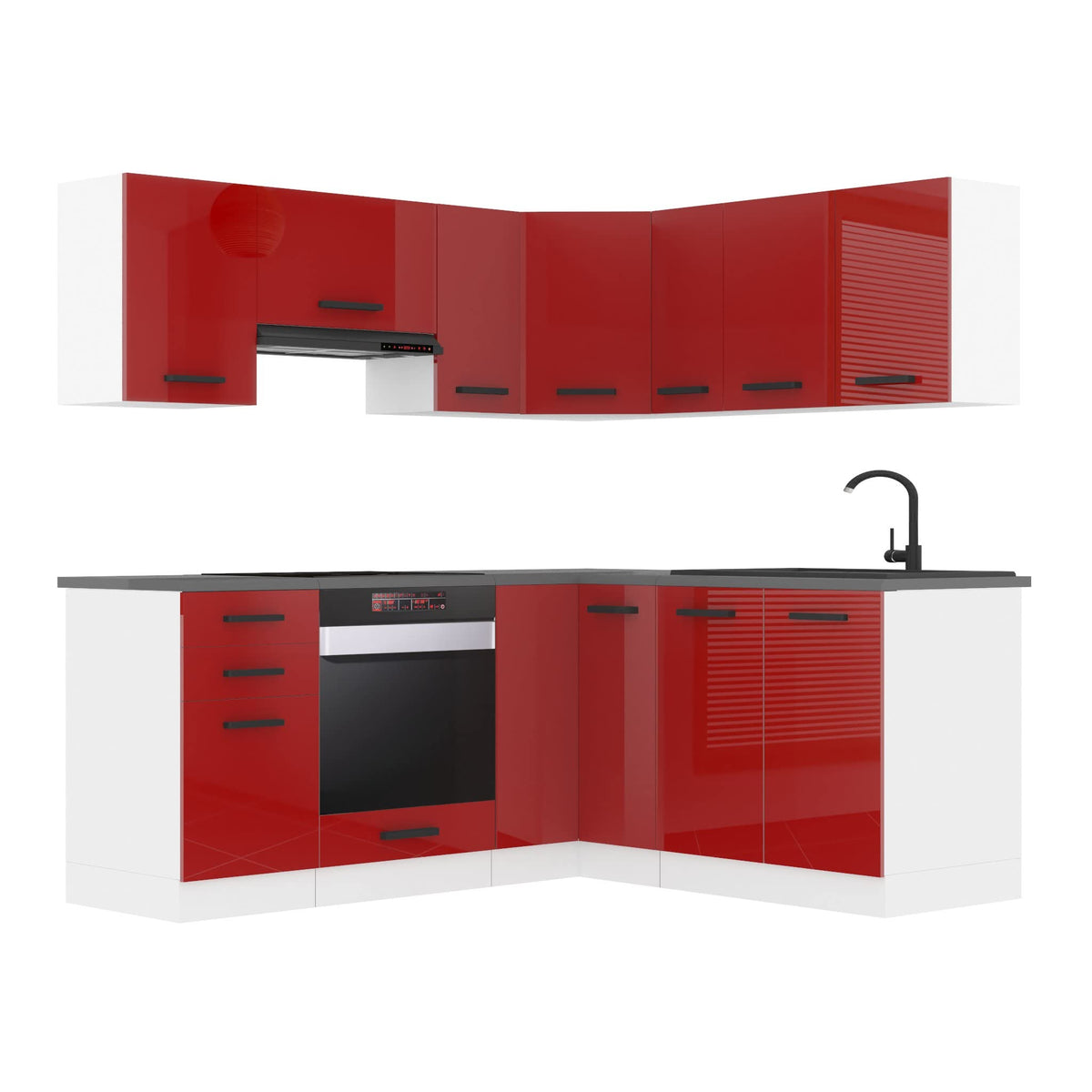 Belini Sarah L-Shape Kitchen Unit, Kitchen Furniture with Handles, Built-in Kitchen without Electrical Appliances, with Wall Cabinets and Base Cabinets, without Worktops, White High Gloss