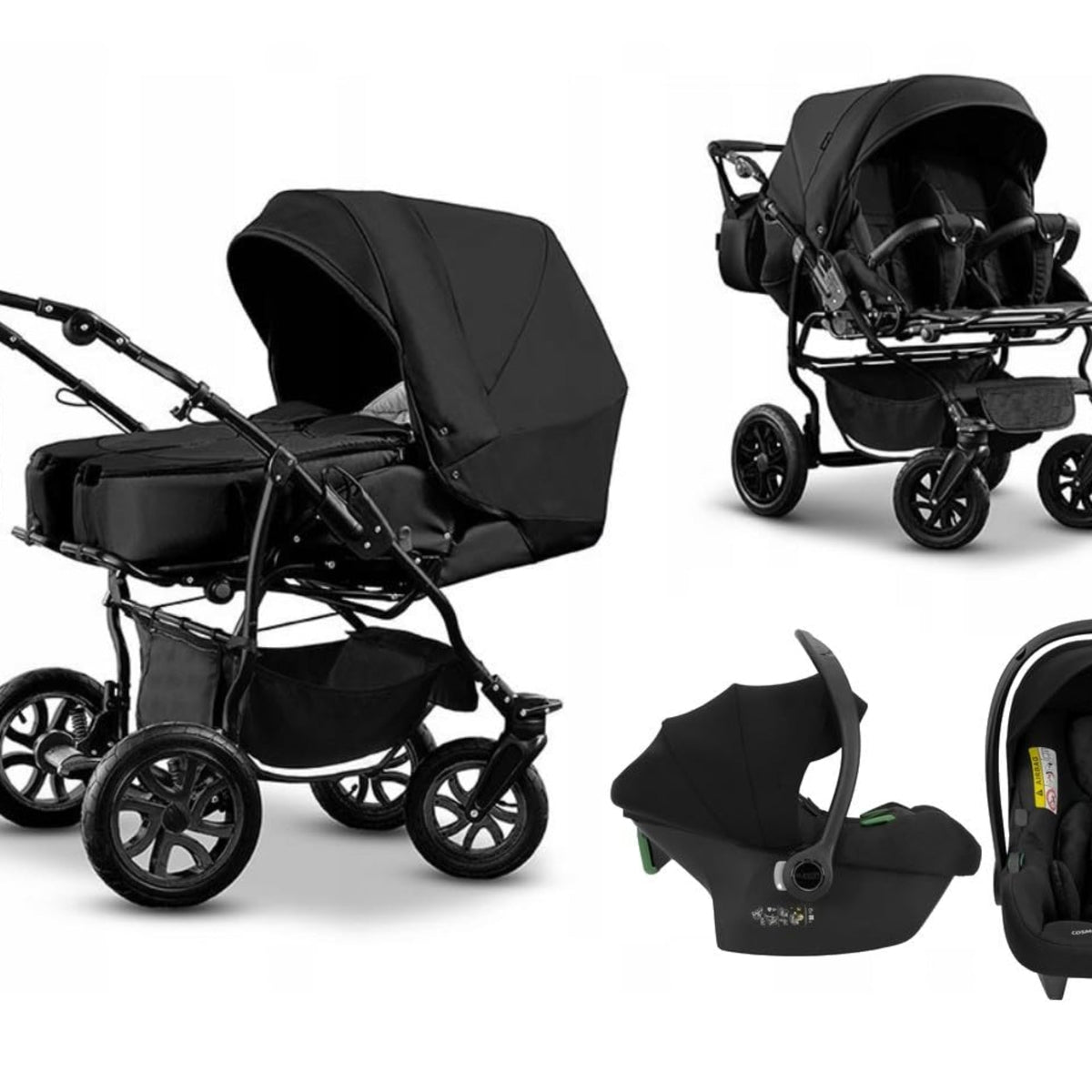 BBtwin DUET TRIO Twin Pushchair 3-in-1 Pushchair and Accessories 3 Pieces: 2 Baby Tubs + 2 Pushchairs + 2 Baby Car Seats + Accessories Black