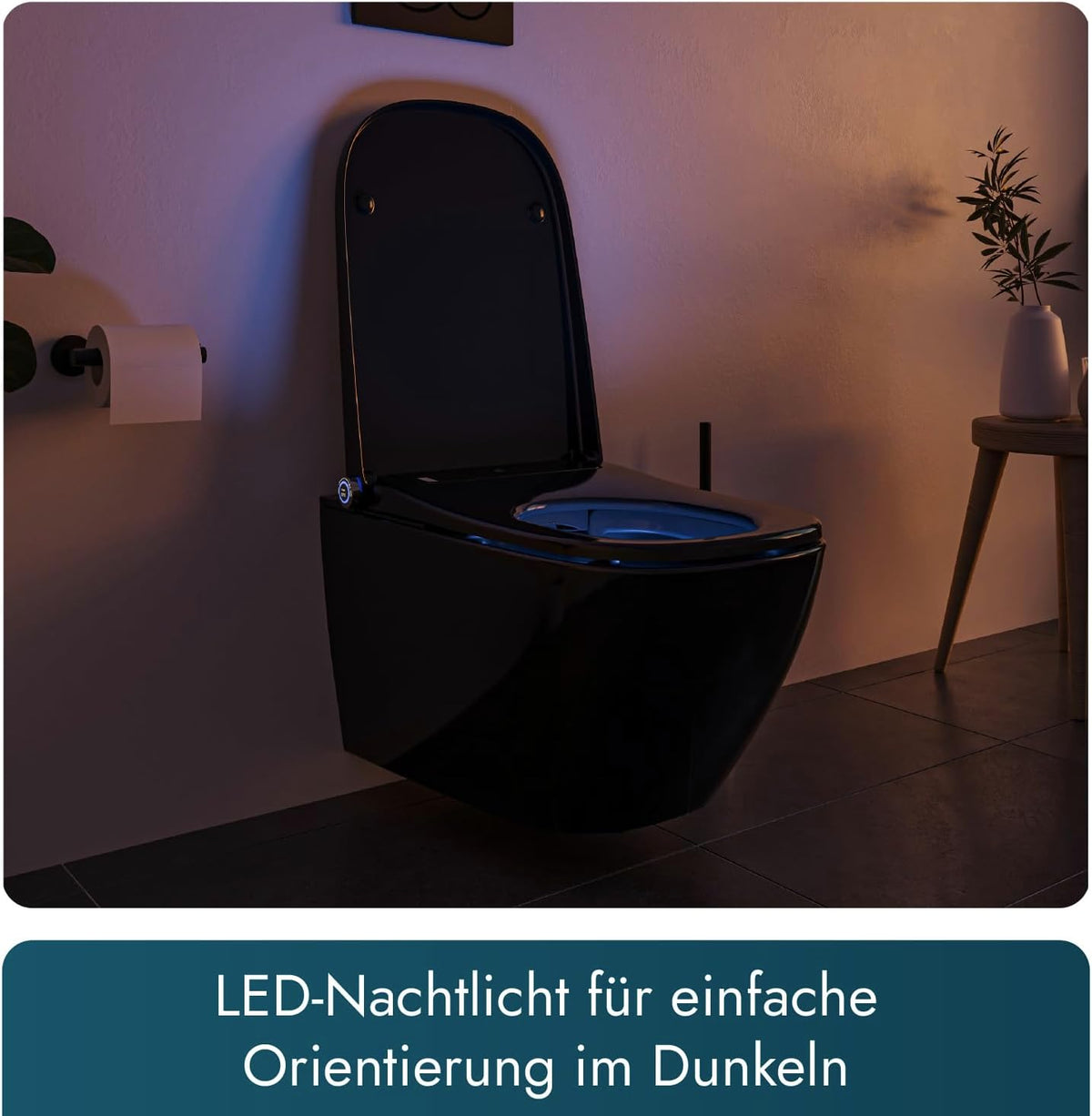 BERNSTEIN PRO+ 1104 Dusch-WC, Hochglanzschwarz – spülrandloses, eckiges Dusch-WC als Komplettanlage