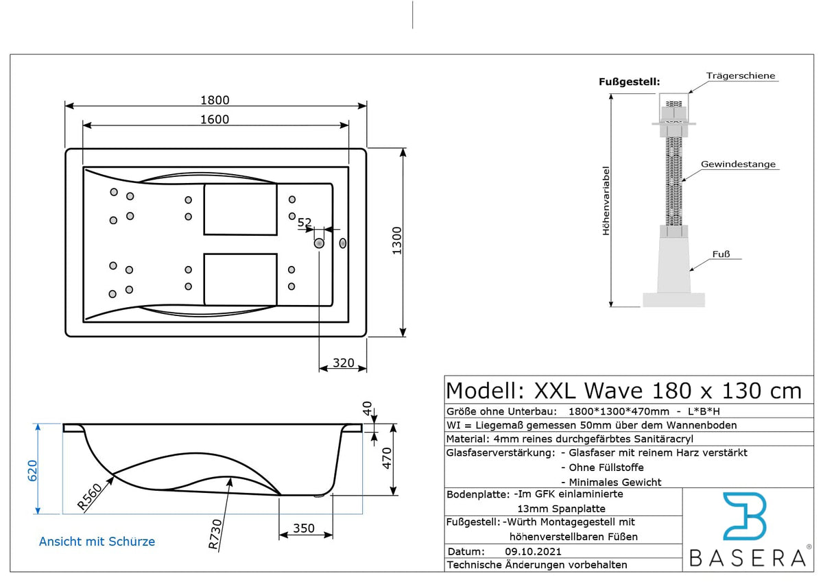 Basera® Basic Indoor Whirlpool Badewanne XXL Wave für 2 Personen mit 16 Massagedüsen, Wasserfall, LED-Ambiente