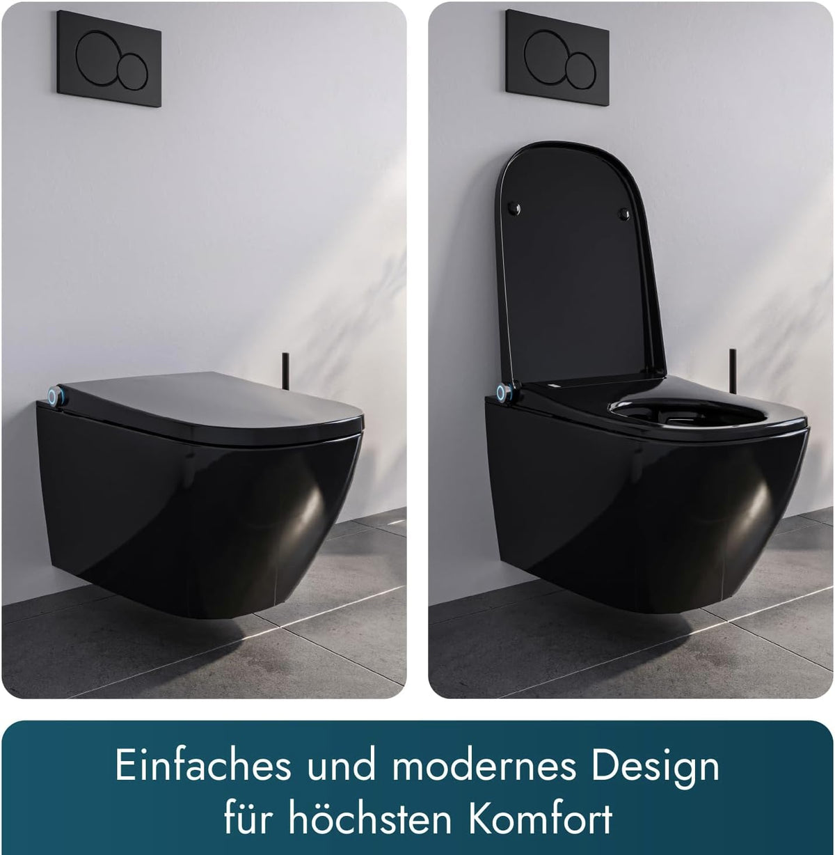 BERNSTEIN PRO+ 1104 Dusch-WC, Hochglanzschwarz – spülrandloses, eckiges Dusch-WC als Komplettanlage