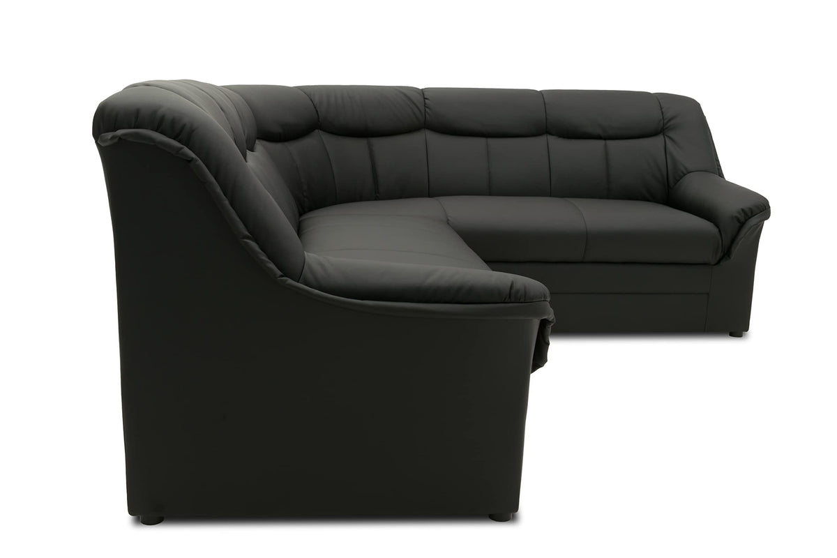 DOMO. collection Berlin Corner Sofa, Timeless Leather Corner Sofa with High-Quality Spring Core Padding, L-shaped Faux Leather, Couch 205 x 250 x 89 cm, Black