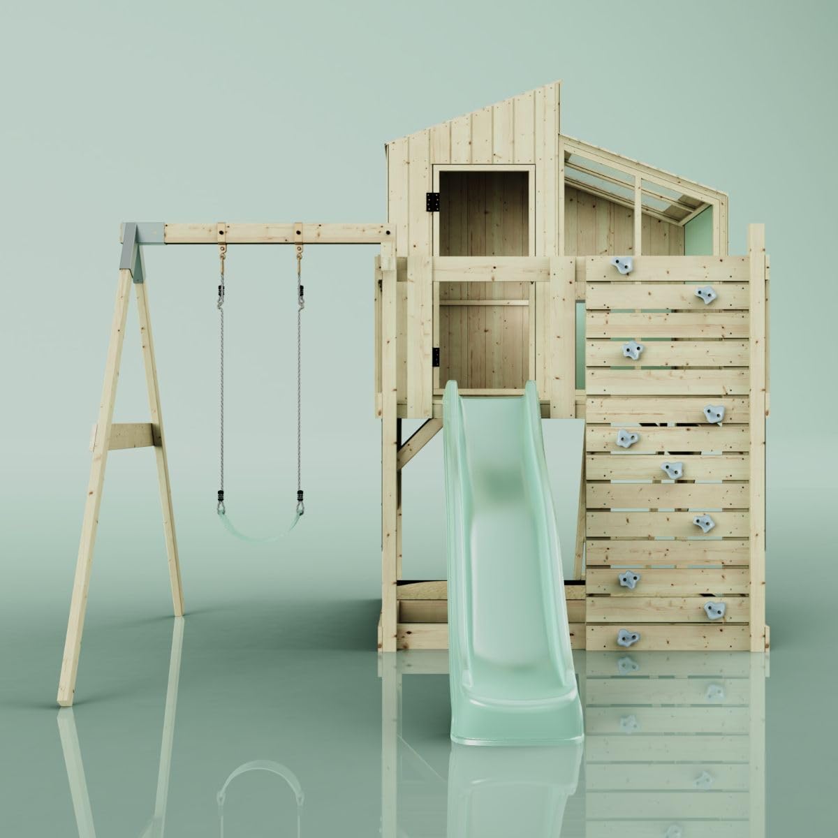 Rebo Spielturm mit Spielhaus inkl. Wellenrutsche und Kinder-Schaukel | Outdoor Klettergerüst Garten | Kletterwand und Kletterleiter | Stabile Konstruktion, Weiches Gefühl in den Seilen