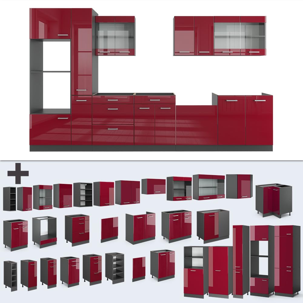 Vicco R-Line Fitted Kitchen Cabinets Anthracite Kitchen Furniture (Anthracite / White High Gloss, MUS 350 cm)