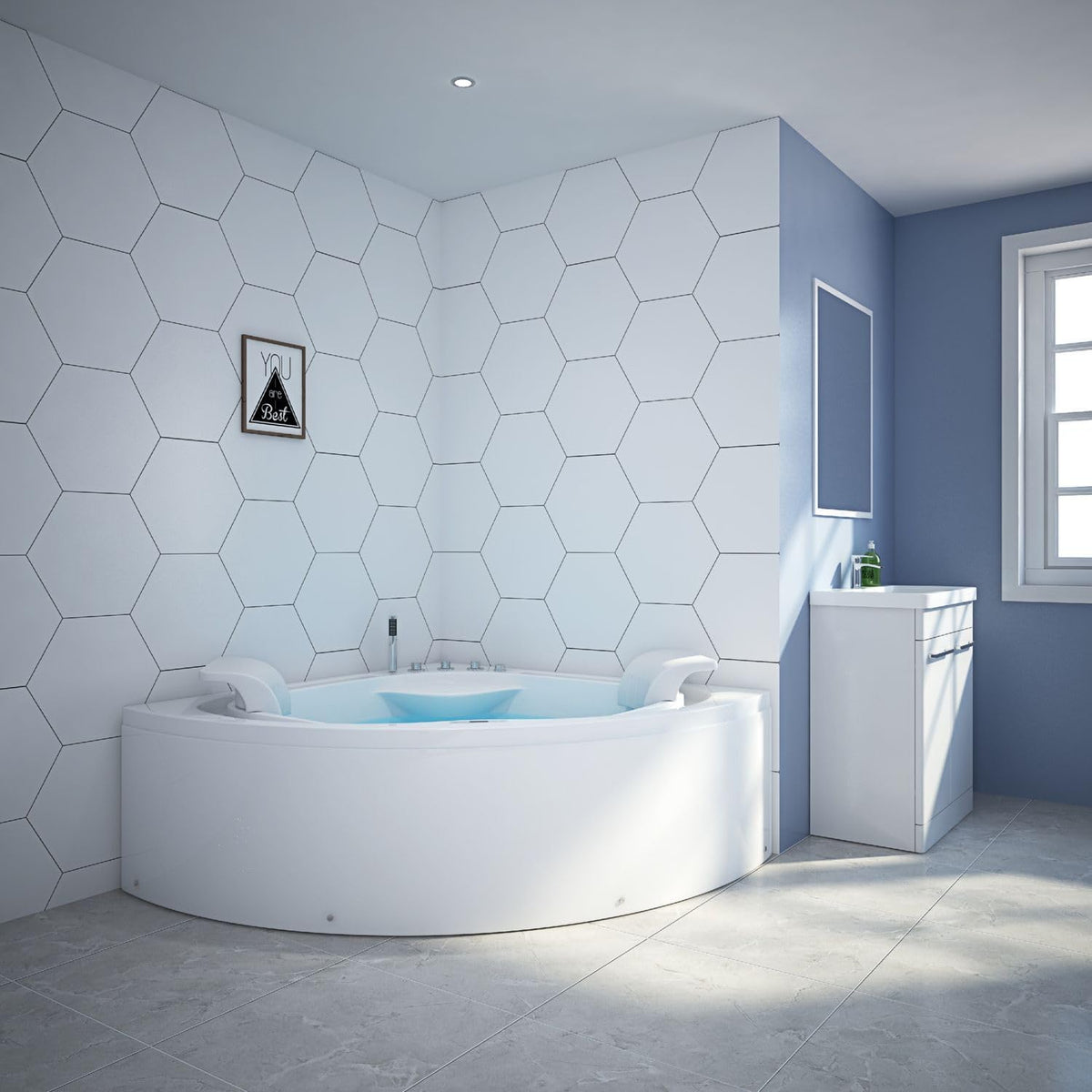 Tronitechnik® Eckwhirlpool Andros 160x160 Eckwanne Badewanne mit Whirlpool und Airpool Unterwasser LEDs inkl. Spülfunktion des Rohrsystems