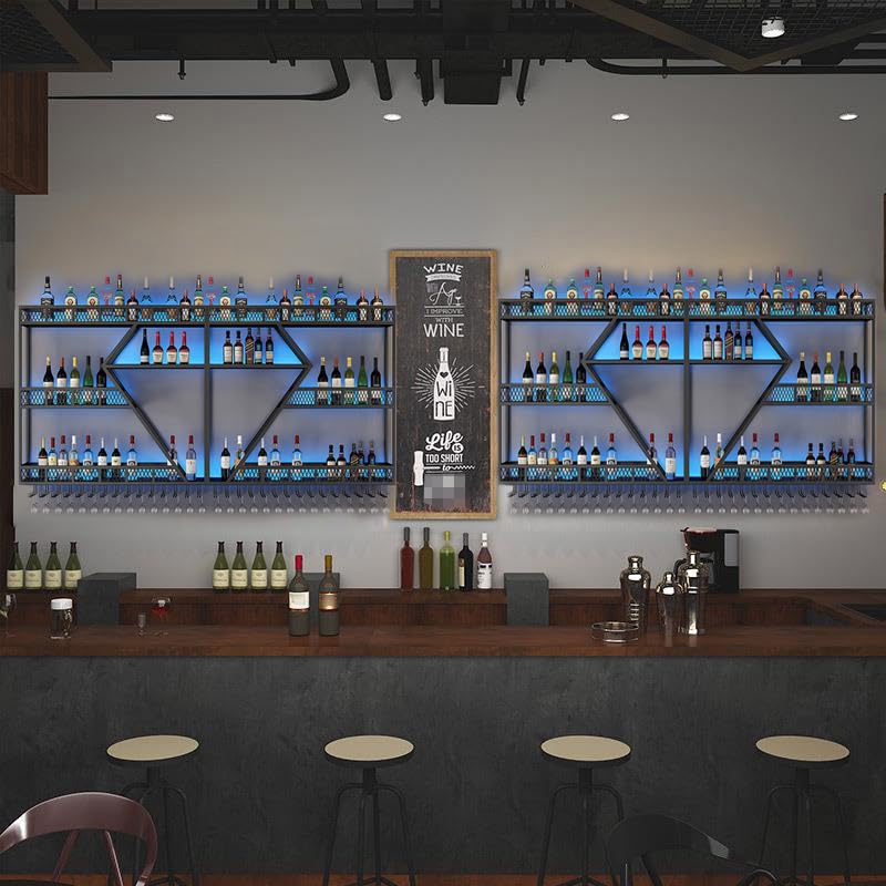Weinregal aus Metall, großer Weinflaschenhalter aus Wandmontage mit 3 Ebenen, modernes, schwebendes Barregal in Rautenform,für die Dekoration von Restaurants und Bars zu Hause (schwarz, 200cm)