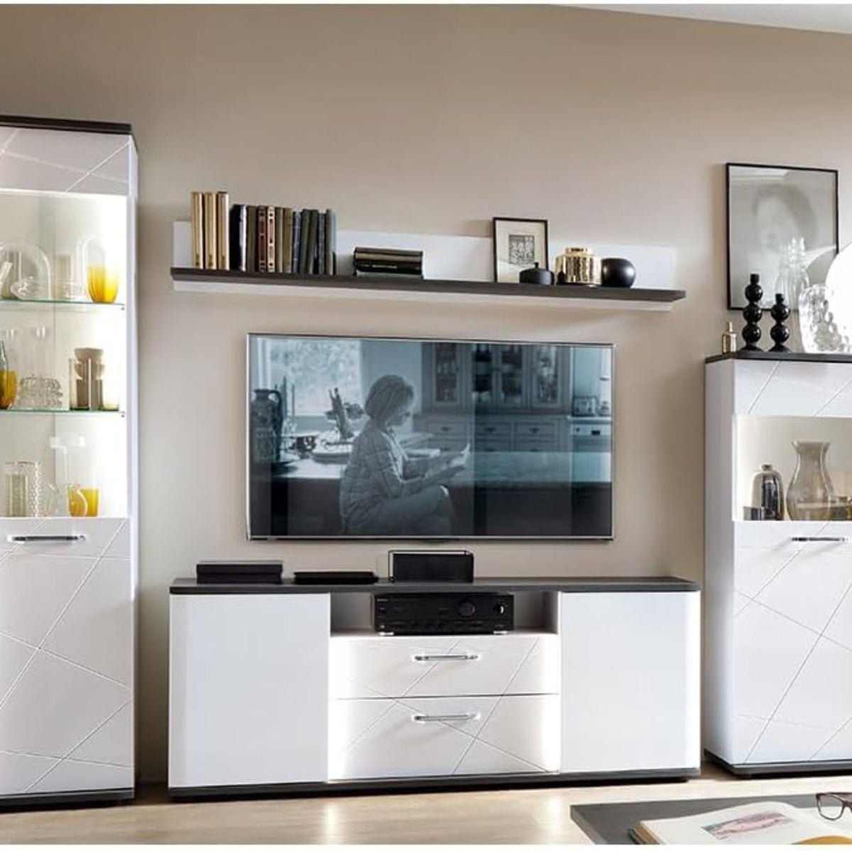 Living Room Furniture Set White 4-Piece Modern 1 Display Cabinet 1 Wall Shelf 1 Lowboard 1 Highboard with Lighting
