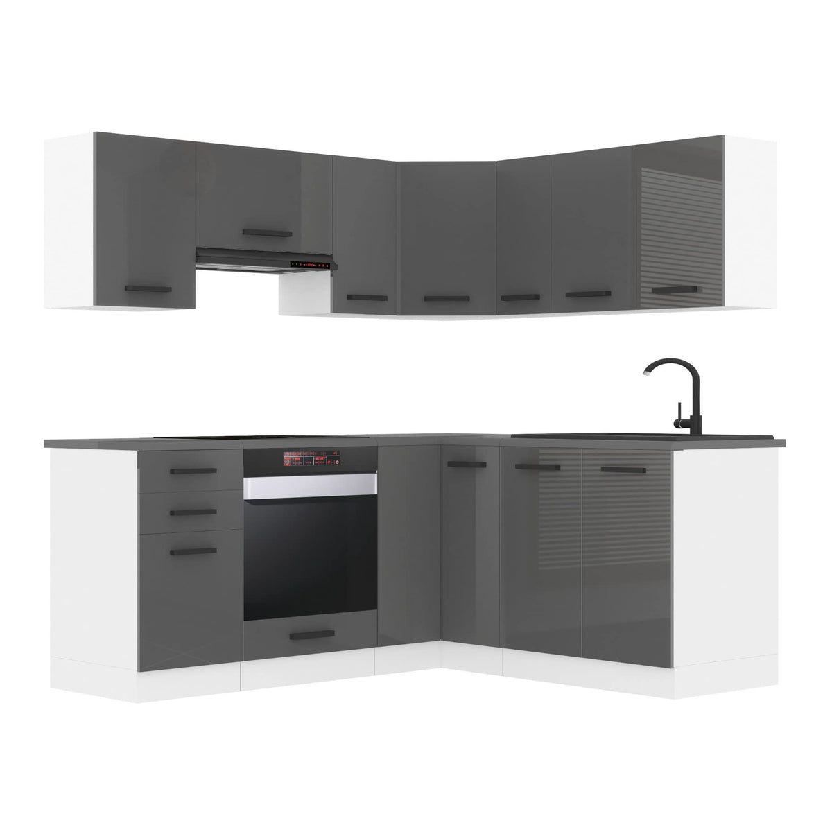 Belini Sarah L-Shape Kitchen Unit, Kitchen Furniture with Handles, Built-in Kitchen without Electrical Appliances, with Wall Cabinets and Base Cabinets, without Worktops, White High Gloss