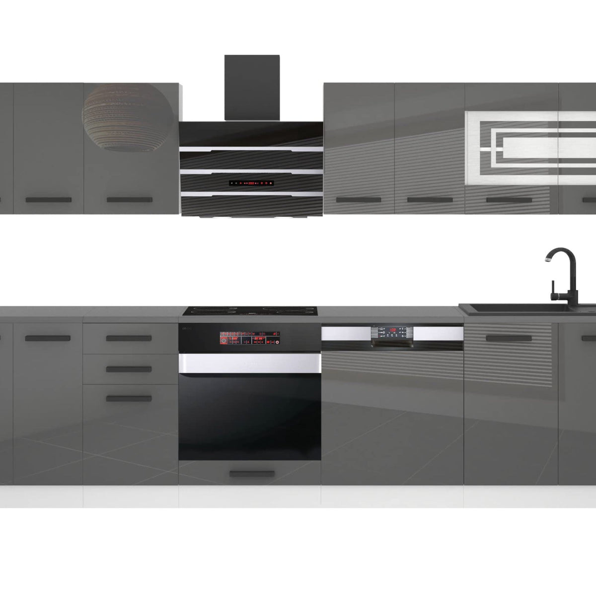 Belini Lucy Kitchen Unit, Kitchen Furniture 300 cm, Kitchen Completely Without Electrical Appliances, with Wall Cabinets and Base Cabinets, Without Worktops, White High Gloss