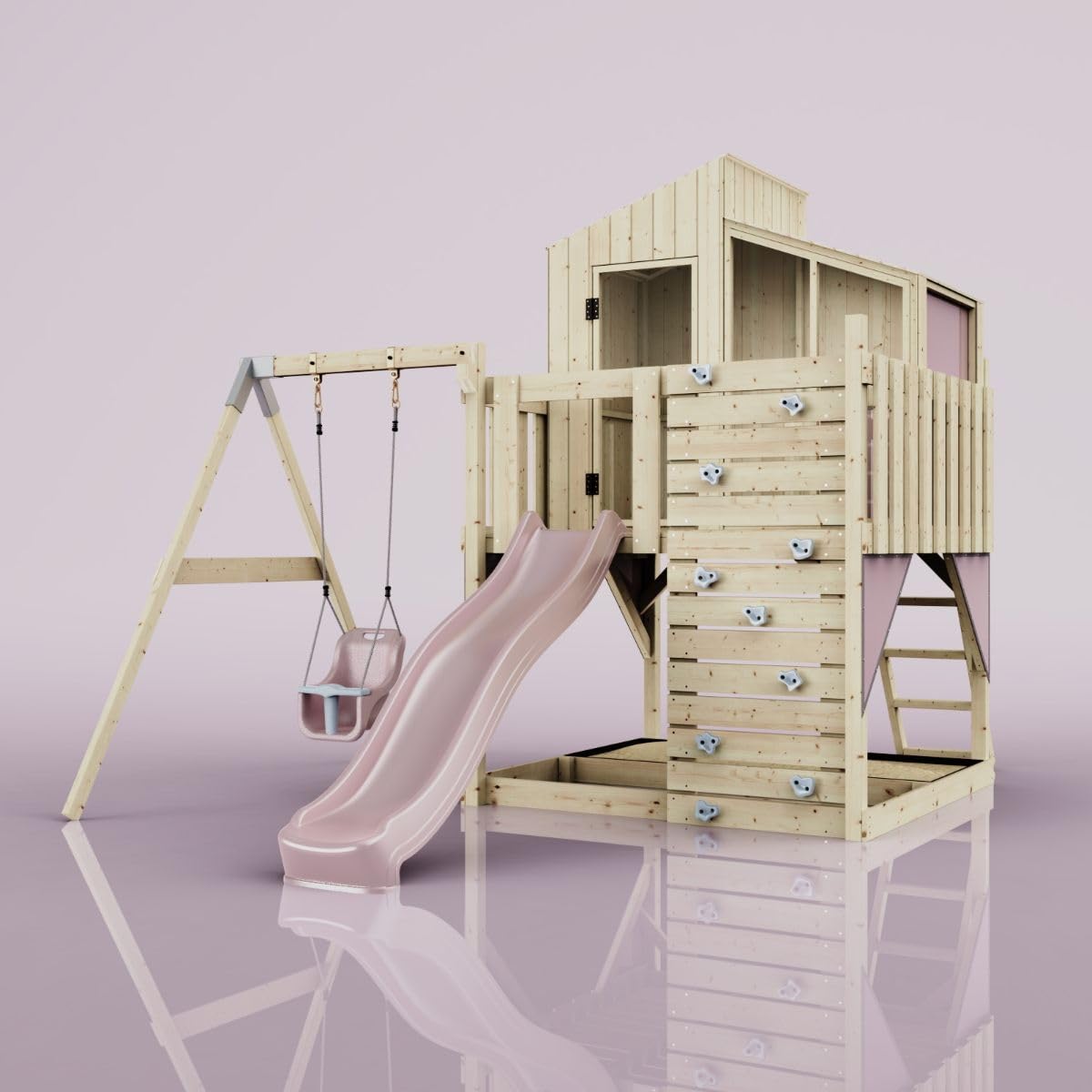 Rebo Spielturm mit Spielhaus inkl. Wellenrutsche und Kinder-Schaukel | Outdoor Klettergerüst Garten | Kletterwand und Kletterleiter | Stabile Konstruktion, Weiches Gefühl in den Seilen