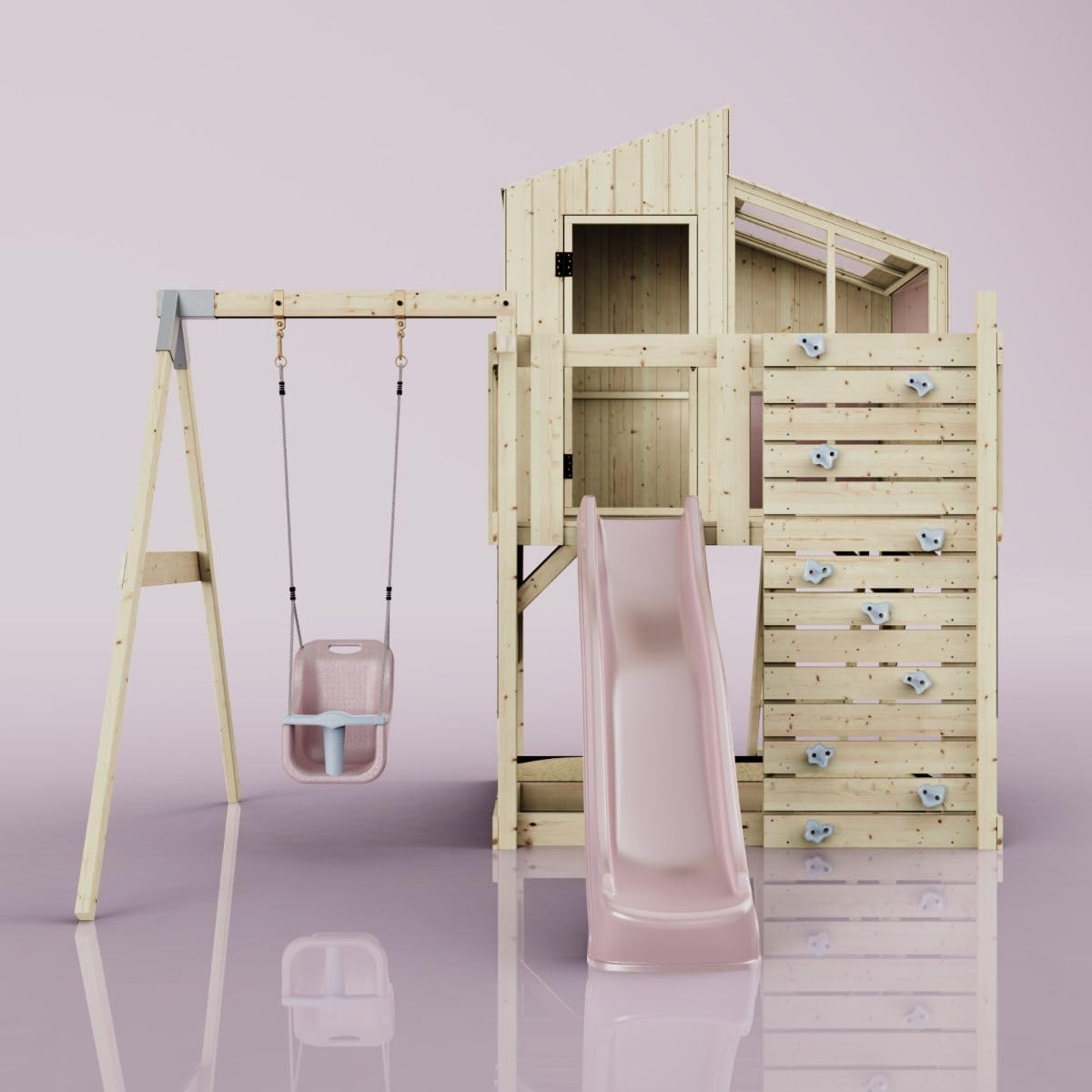 Rebo Spielturm mit Spielhaus inkl. Wellenrutsche und Kinder-Schaukel | Outdoor Klettergerüst Garten | Kletterwand und Kletterleiter | Stabile Konstruktion, Weiches Gefühl in den Seilen