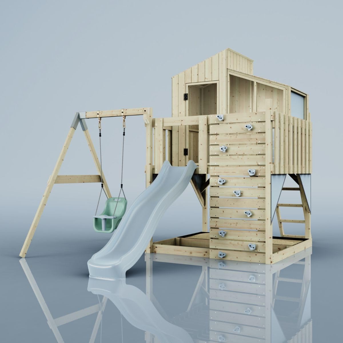 Rebo Spielturm mit Spielhaus inkl. Wellenrutsche und Kinder-Schaukel | Outdoor Klettergerüst Garten | Kletterwand und Kletterleiter | Stabile Konstruktion, Weiches Gefühl in den Seilen