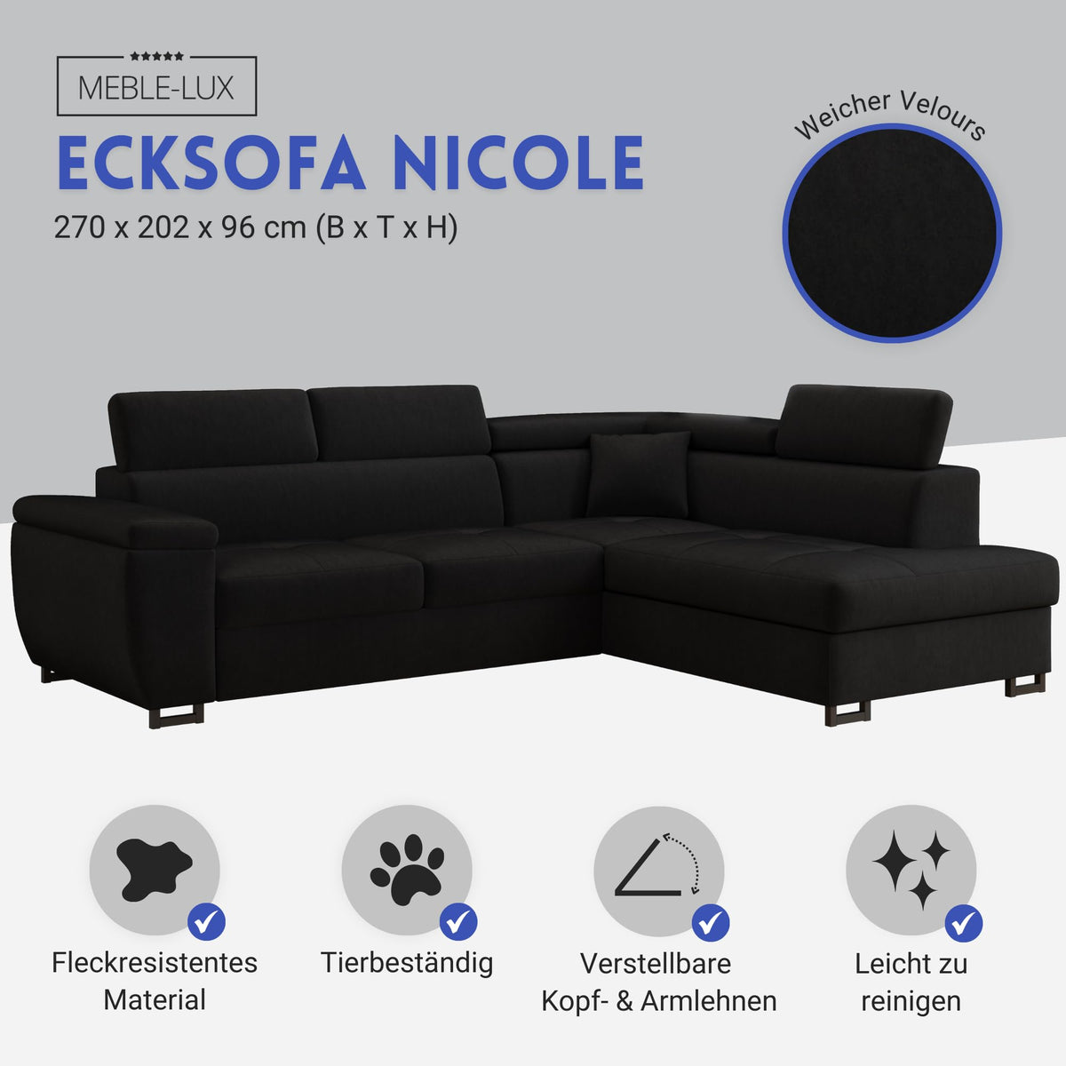 MEBLE-LUX - Ecksofa mit Schlaffunktion und Bettkasten Nicole 270x202x96cm (BxTxH) I Sofa L Form mit Verstellbare Kopfstützen I Eckcouch mit Schlaffunktion I Federkern I Sofa Grau Links