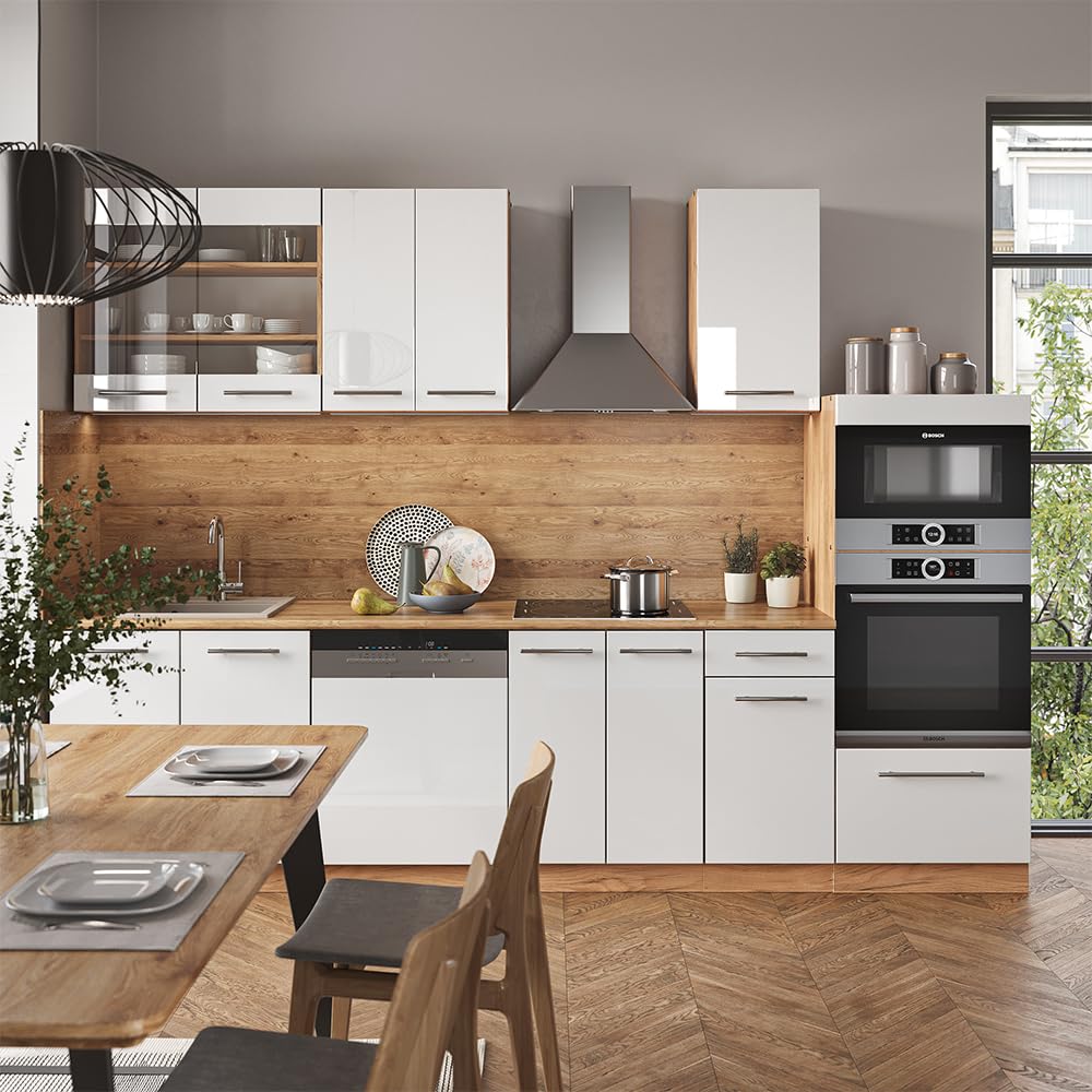 Vicco Küchenzeile Fame-Line, Anthrazit Hochglanz/Goldkraft Eiche, 300 cm mit Hochschrank, ohne Arbeitsplatte