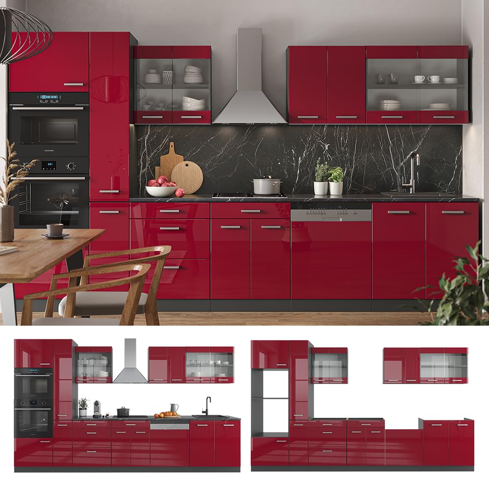Vicco R-Line Fitted Kitchen Cabinets Anthracite Kitchen Furniture (Anthracite / White High Gloss, MUS 350 cm)