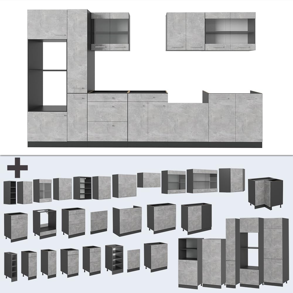 Vicco R-Line Fitted Kitchen Cabinets Anthracite Kitchen Furniture (Anthracite / White High Gloss, MUS 350 cm)