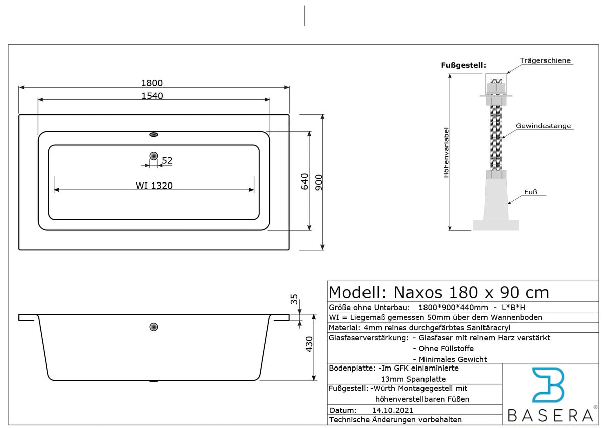 Basera® Classic Indoor Whirlpool Badewanne Naxos mit 24 Massagedüsen, Wasserfall, LED-Ambiente, Touchpanel, Bluetooth und Radio (180 x 90 x 62 cm)