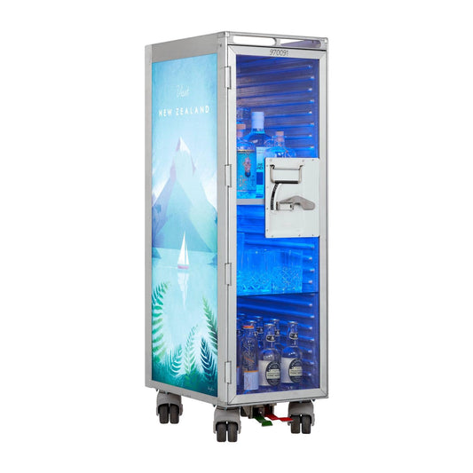 VanDeBord Bartrolley Henry Rivers Edition „Visit Rio“ mit LED-Leuchtfachboden, Barbrett und Glasboden – gebrauchter, hochwertig restaurierter Flugzeugtrolley als Bar