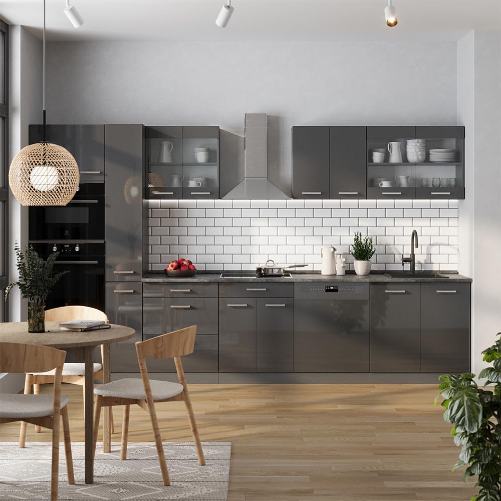 Vicco R-Line Fitted Kitchen Cabinets Anthracite Kitchen Furniture (Anthracite / White High Gloss, MUS 350 cm)