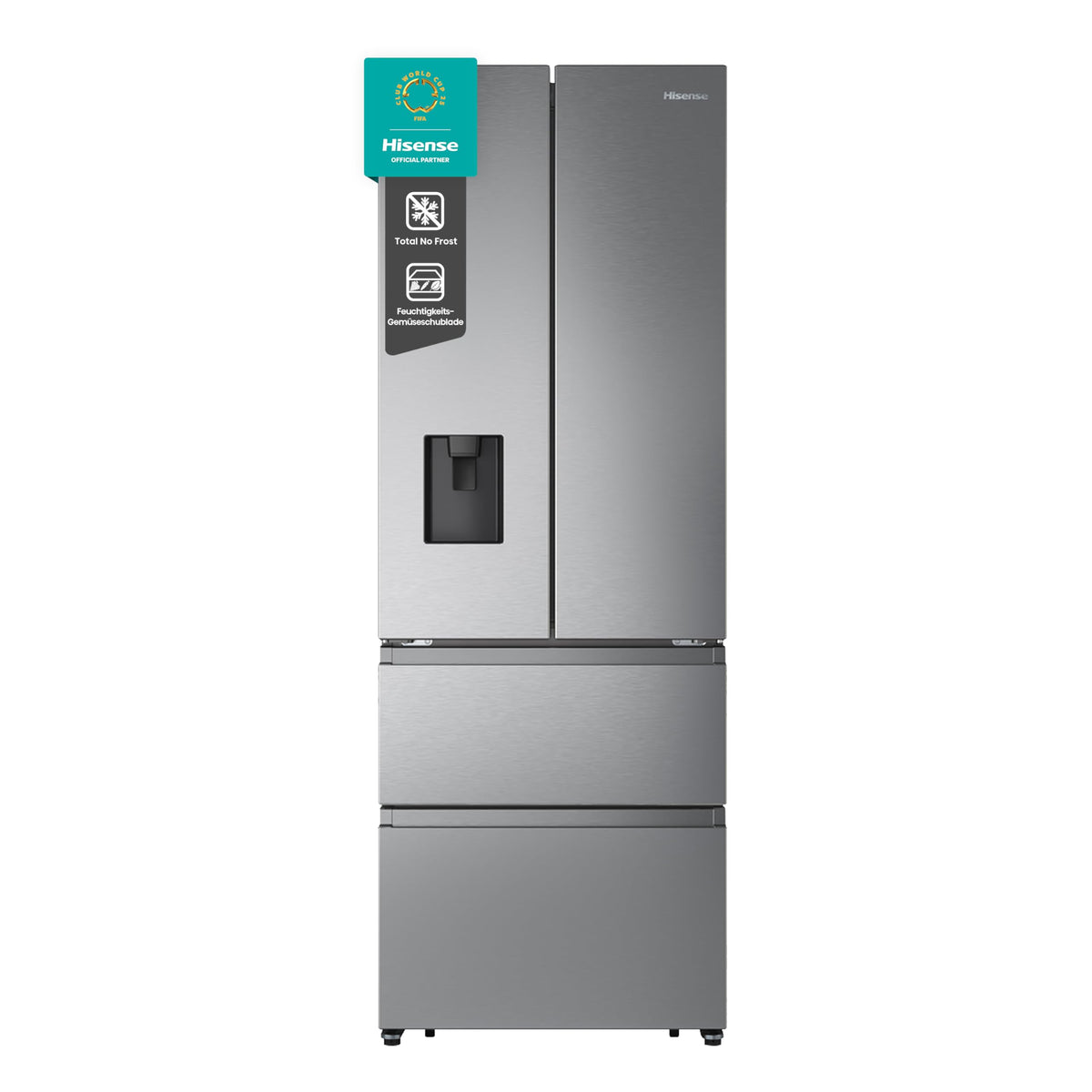 Hisense RF632N4WIE French Door Kühl-Gefrierkombination/ NoFrostPlus/ Inverter-Kompressor/ Wasserspender/ CrispZone/ 200 cm/ Kühlteil 336 l/ Gefrierteil 149 l/ 38 dB/ 295 kWh/ Jahr/ Inox-Look