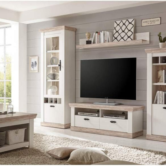 Lomadox Country House Wall Unit Set and Coffee Table, Pine White and Oslo Dark, LED Lighting, W x H x D Approx. 330 x 201 x 44 cm
