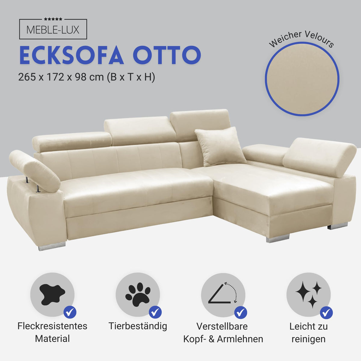 OTTO Corner Sofa, Corner Couch with Sleep Function, Spring Core, Adjustable Headrests, Easy Folding Mechanism, Bed Function, Additional Storage Space, Plush Grey, Left