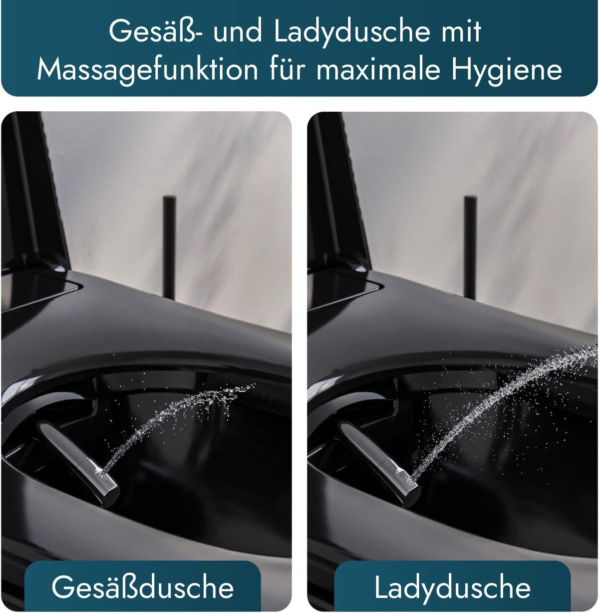 BERNSTEIN PRO+ 1104 Dusch-WC, Hochglanzschwarz – spülrandloses, eckiges Dusch-WC als Komplettanlage
