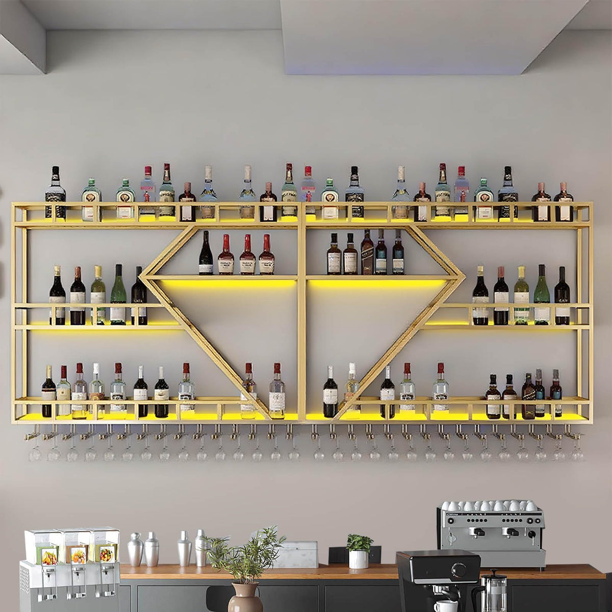 Weinregal aus Metall, großer Weinflaschenhalter aus Wandmontage mit 3 Ebenen, modernes, schwebendes Barregal in Rautenform,für die Dekoration von Restaurants und Bars zu Hause (schwarz, 200cm)