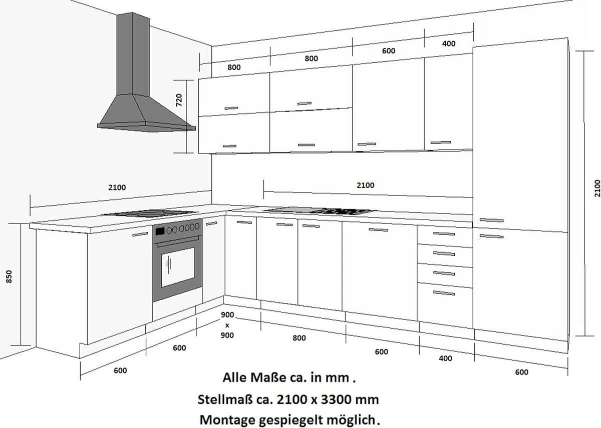 Bianca Corner II Kitchen Unit, 210 x 330 cm, High-Gloss Grey