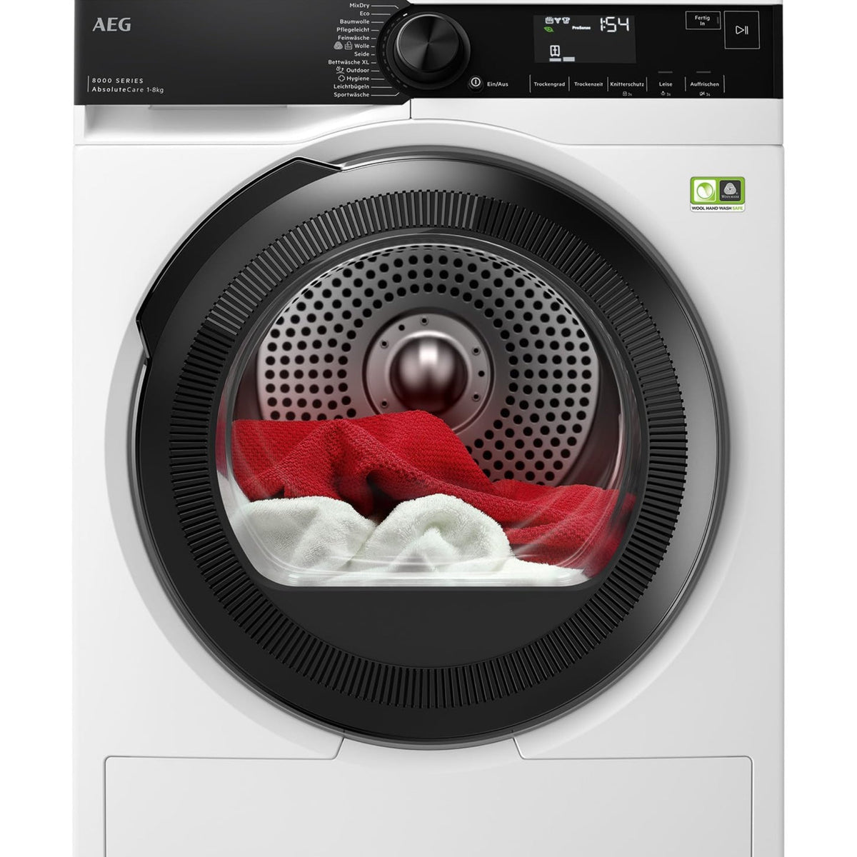 AEG Heat Pump Dryer 8 kg, Test Winner of Stiftung Warentest, Series 8000 AbsoluteCare - Wool and Silk Drying, C, Energy Saving, Drum Lighting, Wrinkle Protection, Gentle Drum, TR8AMZ68