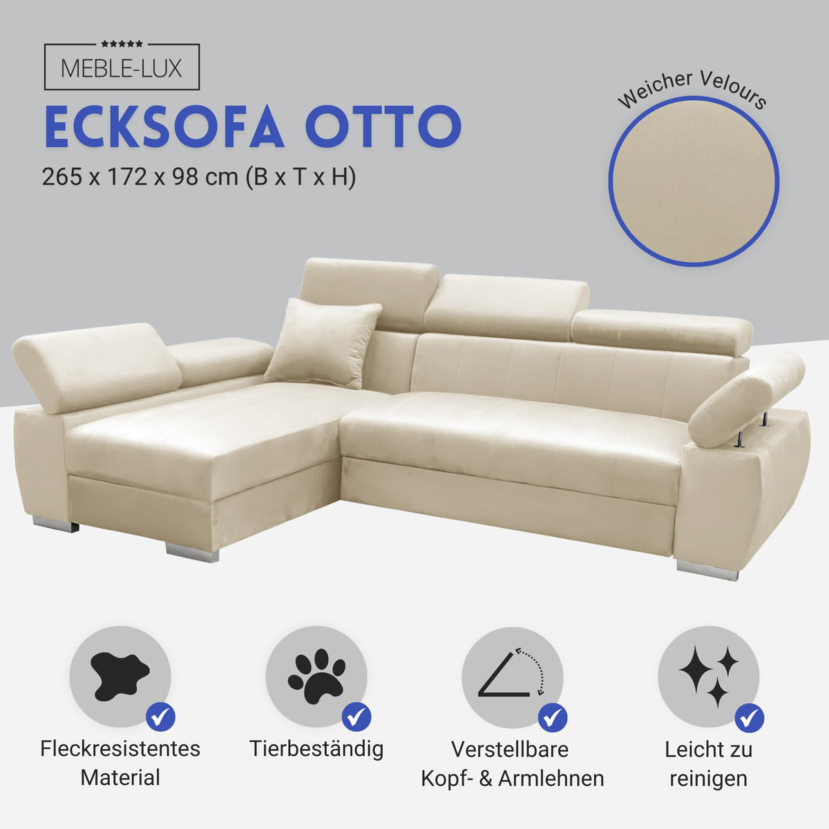 OTTO Corner Sofa, Corner Couch with Sleep Function, Spring Core, Adjustable Headrests, Easy Folding Mechanism, Bed Function, Additional Storage Space, Plush Grey, Left