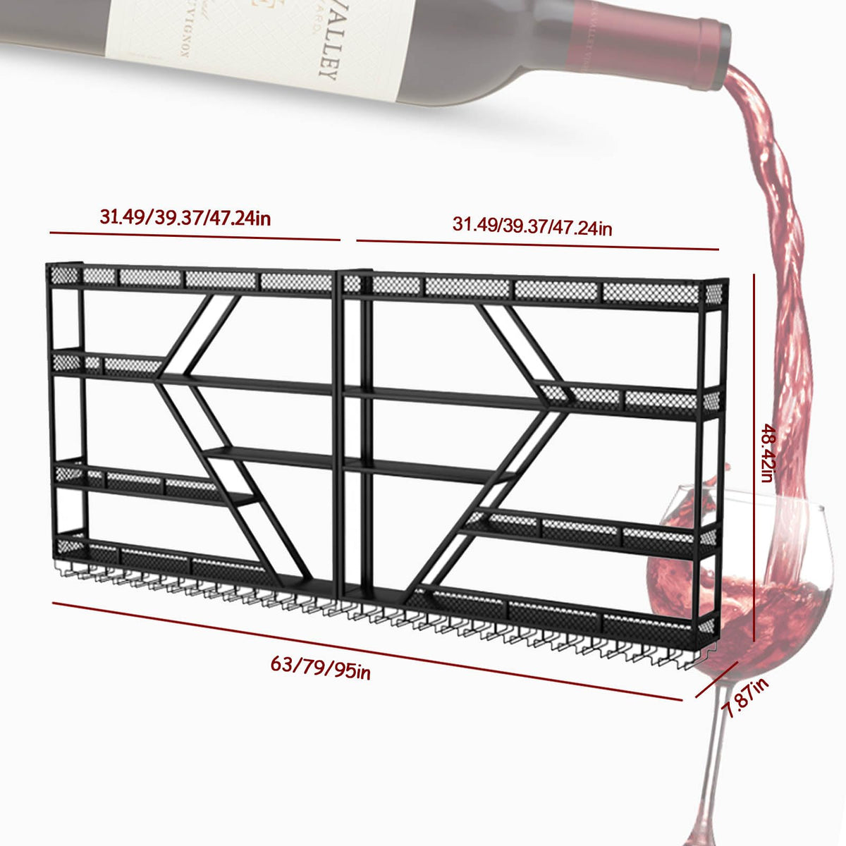 Weinregal aus Metall, großer Weinflaschenhalter aus Wandmontage mit 3 Ebenen, modernes, schwebendes Barregal in Rautenform,für die Dekoration von Restaurants und Bars zu Hause (schwarz, 200cm)
