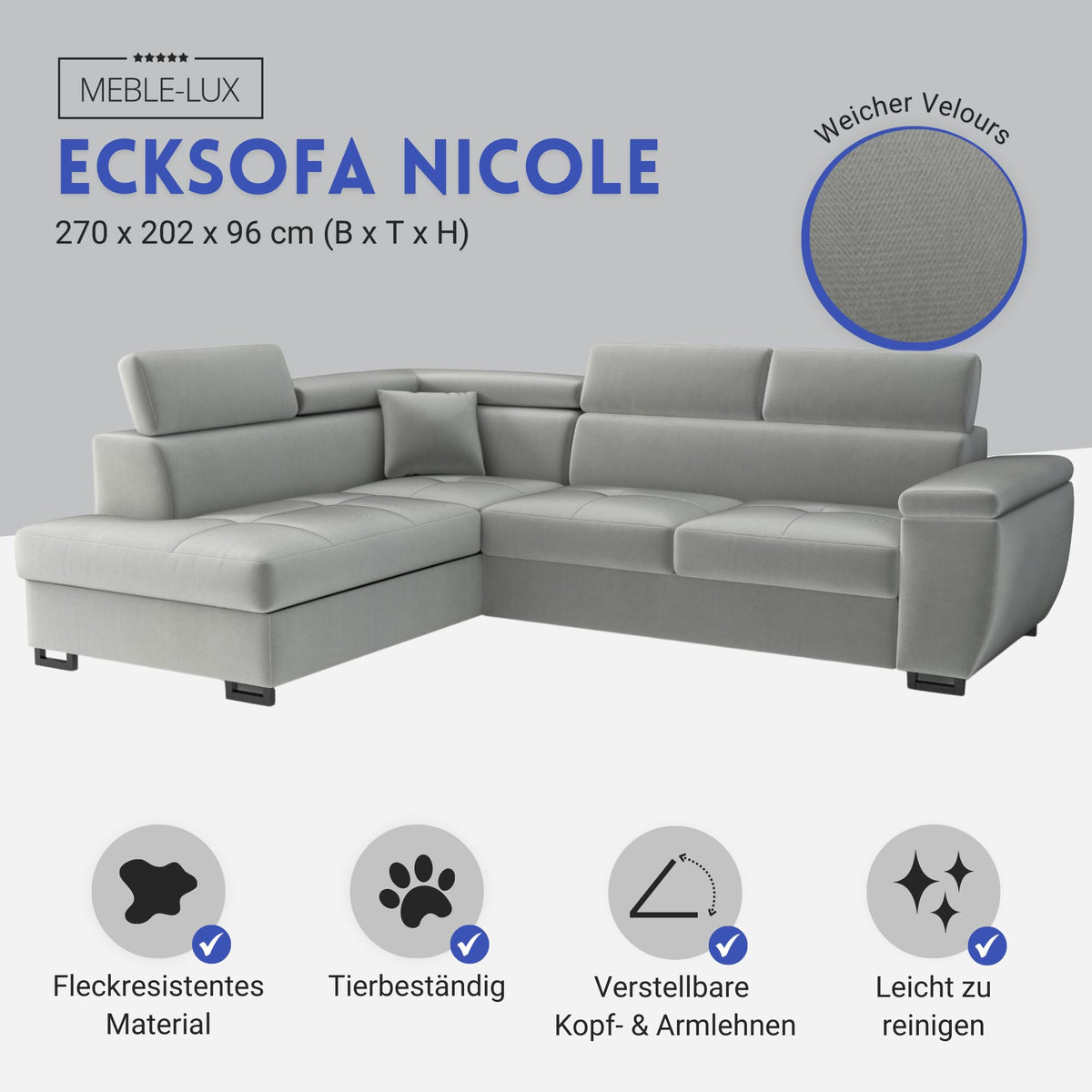MEBLE-LUX - Ecksofa mit Schlaffunktion und Bettkasten Nicole 270x202x96cm (BxTxH) I Sofa L Form mit Verstellbare Kopfstützen I Eckcouch mit Schlaffunktion I Federkern I Sofa Grau Links