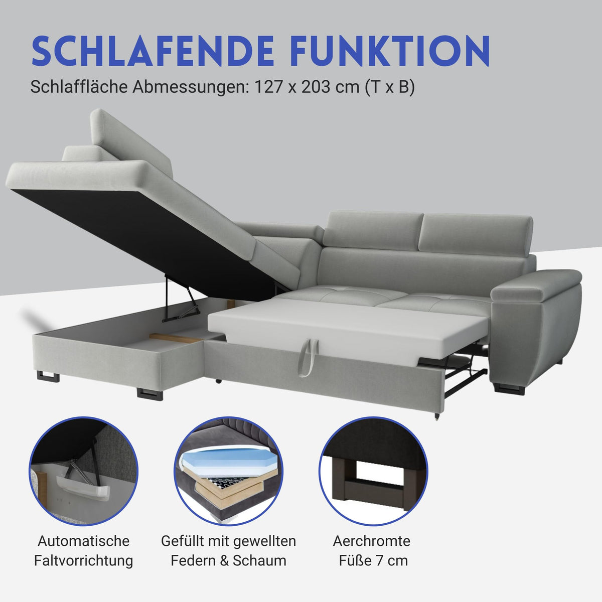 MEBLE-LUX - Ecksofa mit Schlaffunktion und Bettkasten Nicole 270x202x96cm (BxTxH) I Sofa L Form mit Verstellbare Kopfstützen I Eckcouch mit Schlaffunktion I Federkern I Sofa Grau Links