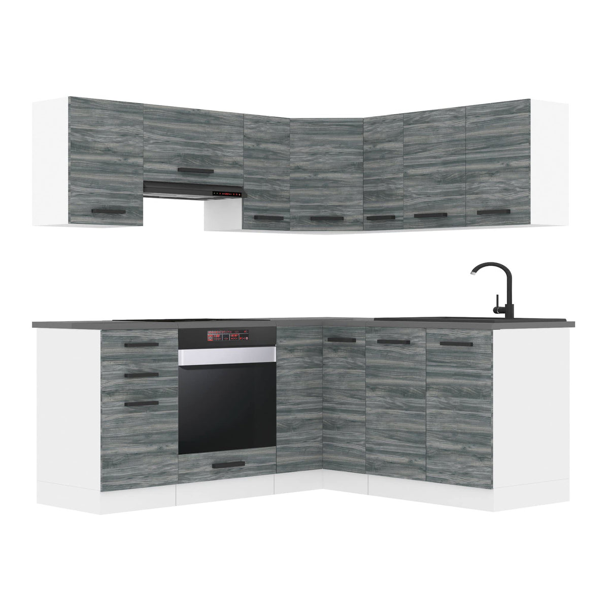 Belini Sarah L-Shape Kitchen Unit, Kitchen Furniture with Handles, Built-in Kitchen without Electrical Appliances, with Wall Cabinets and Base Cabinets, without Worktops, White High Gloss