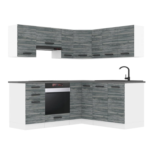 Belini Sarah L-Shape Kitchen Unit, Kitchen Furniture with Handles, Built-in Kitchen without Electrical Appliances, with Wall Cabinets and Base Cabinets, without Worktops, White High Gloss