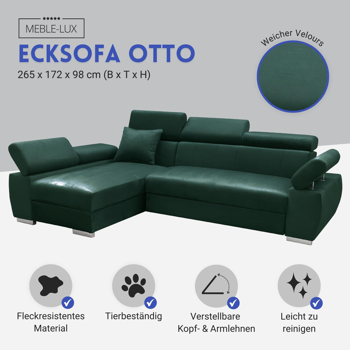 OTTO Corner Sofa, Corner Couch with Sleep Function, Spring Core, Adjustable Headrests, Easy Folding Mechanism, Bed Function, Additional Storage Space, Plush Grey, Left