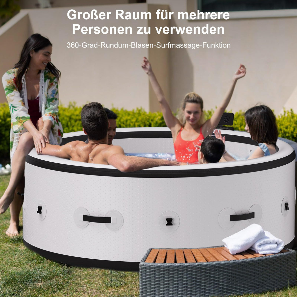 PureSpa Inflatable Bathtub with Bubble Function, Pool Massage Hot Tub, 150 Soothing Air Nozzles, Integrated Quick Filling System, LED Lights, Insulated Cover and Floor Mat, 206 x 71 cm