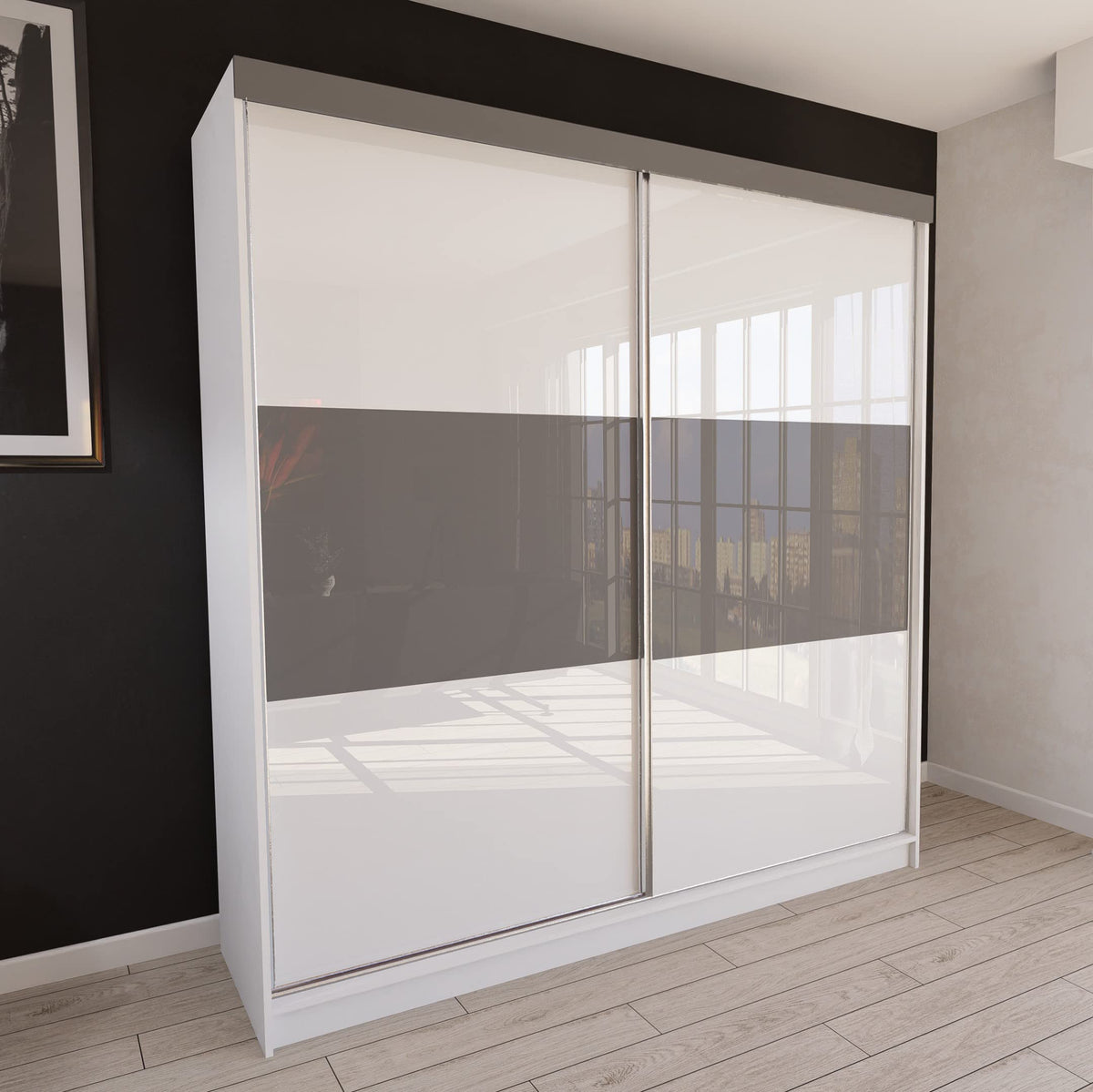 Marlux-Meble Two-Door Wardrobe 230 cm Wide with Floating and Sliding Doors Corner Wardrobe Bedroom Cabinet Hallway Cabinet System Cabinet High Gloss Cabinet