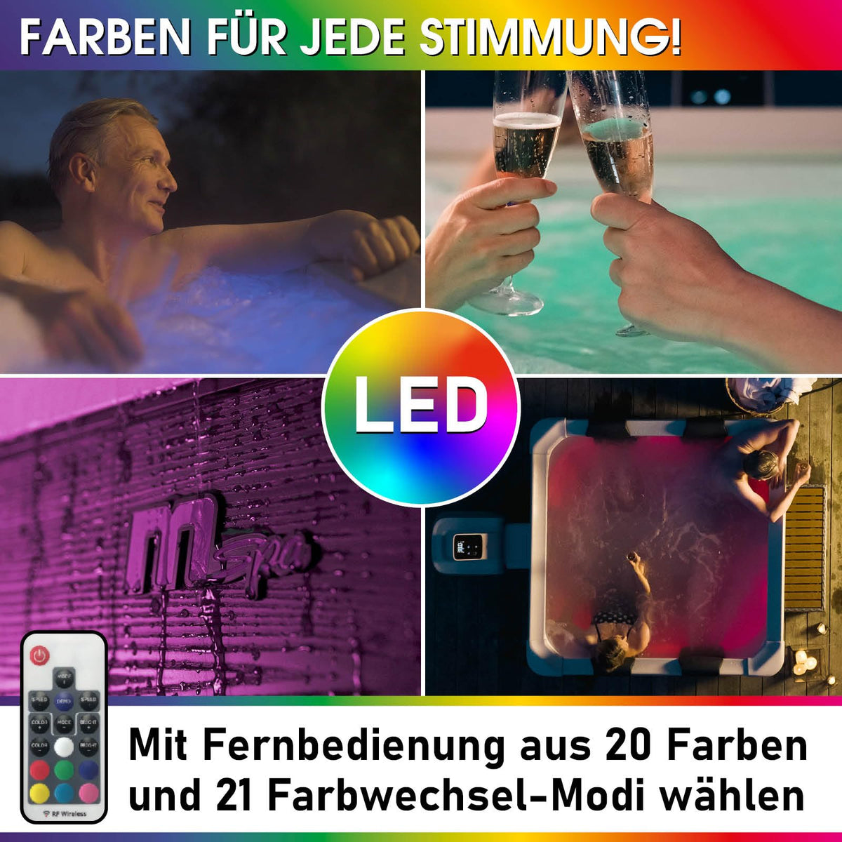 BRAST Whirlpool MSpa Oslo & Oslo Plus XXL mit Fester Außenwand | 160x160x65cm - 180x180x65cm | LED-Beleuchtung 20 Farben | 6 Personen | 120-140 Massagedüsen | Ganzjähriger Einsatz Winterfest