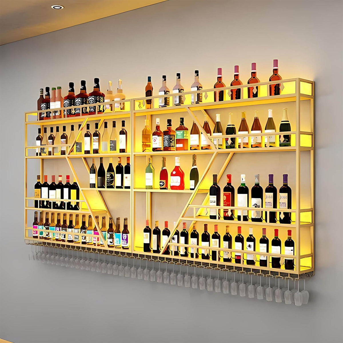 Weinregal aus Metall, großer Weinflaschenhalter aus Wandmontage mit 3 Ebenen, modernes, schwebendes Barregal in Rautenform,für die Dekoration von Restaurants und Bars zu Hause (schwarz, 200cm)