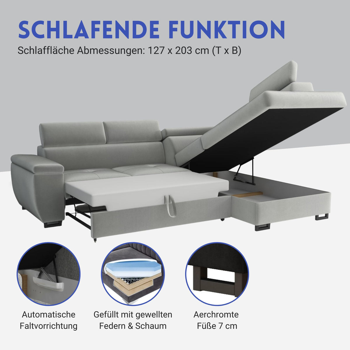 MEBLE-LUX - Ecksofa mit Schlaffunktion und Bettkasten Nicole 270x202x96cm (BxTxH) I Sofa L Form mit Verstellbare Kopfstützen I Eckcouch mit Schlaffunktion I Federkern I Sofa Grau Links