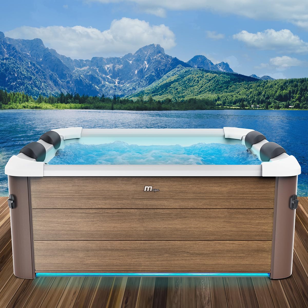 BRAST Whirlpool MSpa Oslo & Oslo Plus XXL mit Fester Außenwand | 160x160x65cm - 180x180x65cm | LED-Beleuchtung 20 Farben | 6 Personen | 120-140 Massagedüsen | Ganzjähriger Einsatz Winterfest