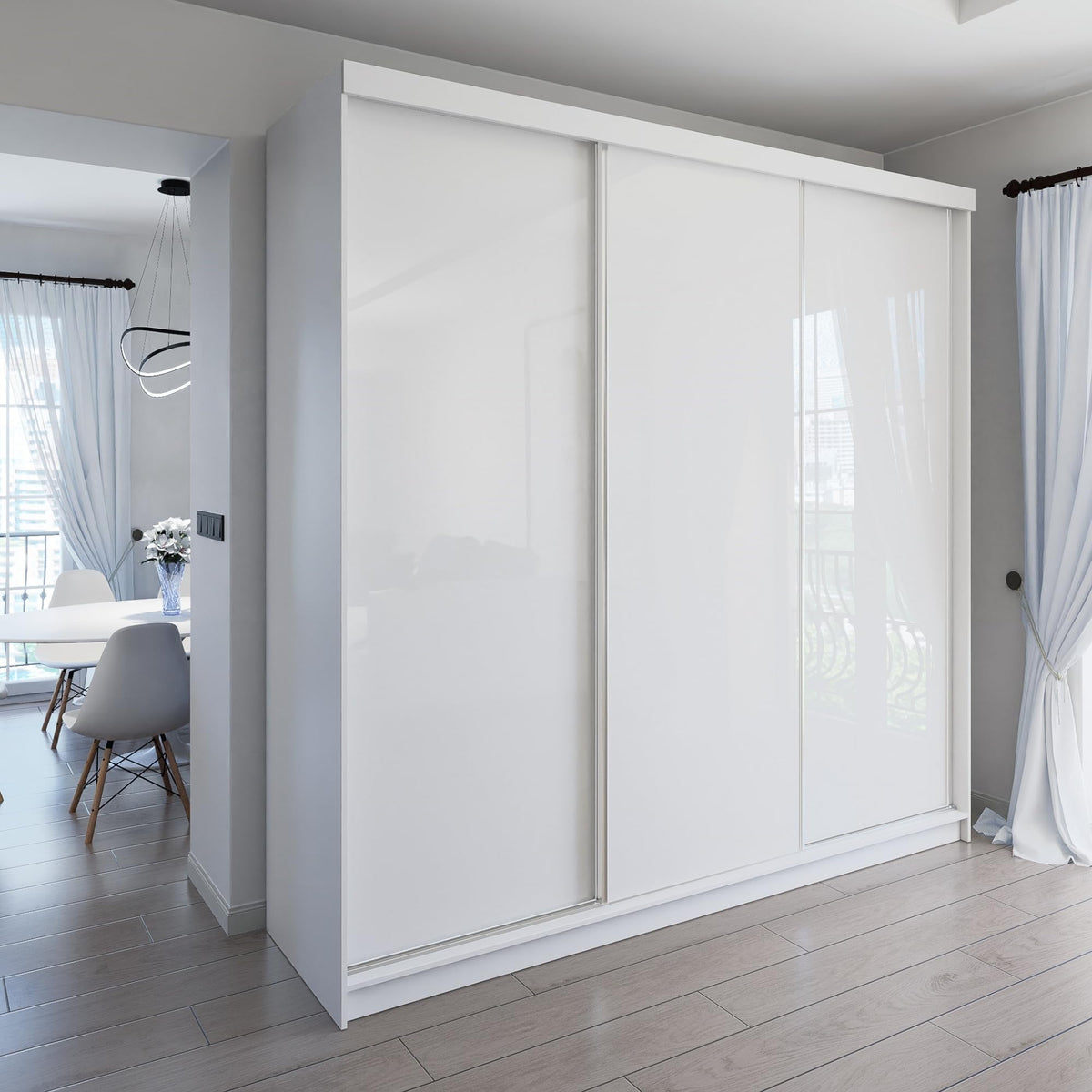 Marlux-Meble Two-Door Wardrobe 230 cm Wide with Floating and Sliding Doors Corner Wardrobe Bedroom Cabinet Hallway Cabinet System Cabinet High Gloss Cabinet