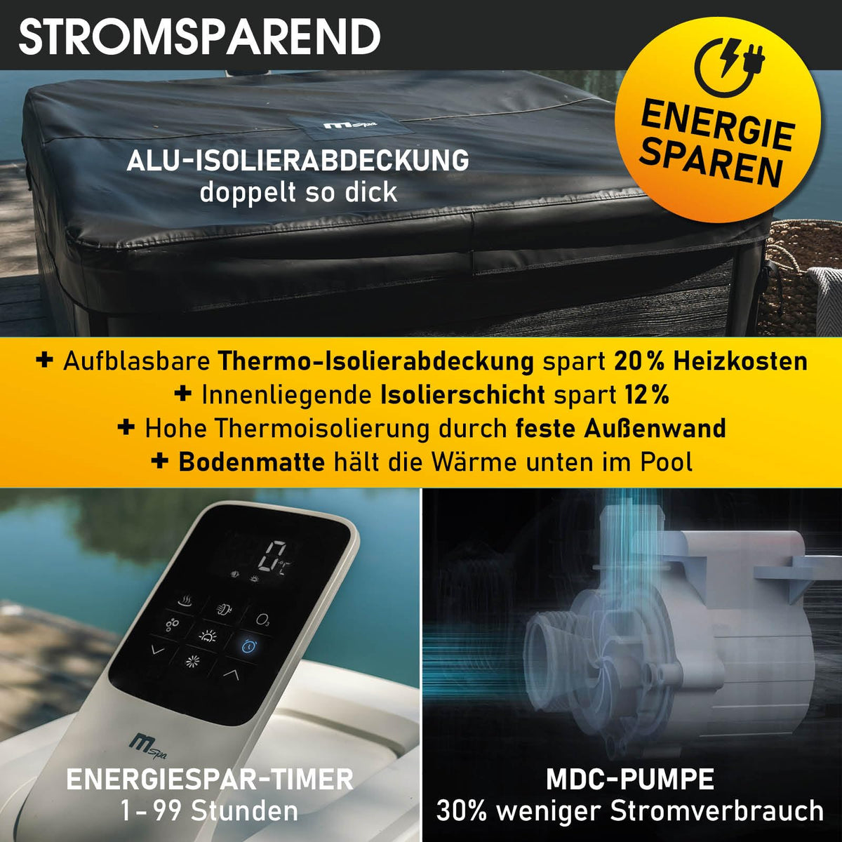 BRAST Whirlpool MSpa Oslo & Oslo Plus XXL mit Fester Außenwand | 160x160x65cm - 180x180x65cm | LED-Beleuchtung 20 Farben | 6 Personen | 120-140 Massagedüsen | Ganzjähriger Einsatz Winterfest